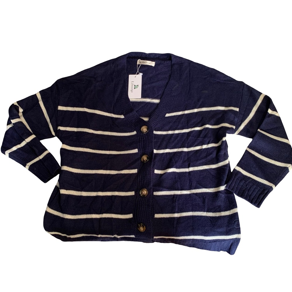 Libsorge Womens Navy Blue White Striped Button Front Cardigan Sweater Size M
